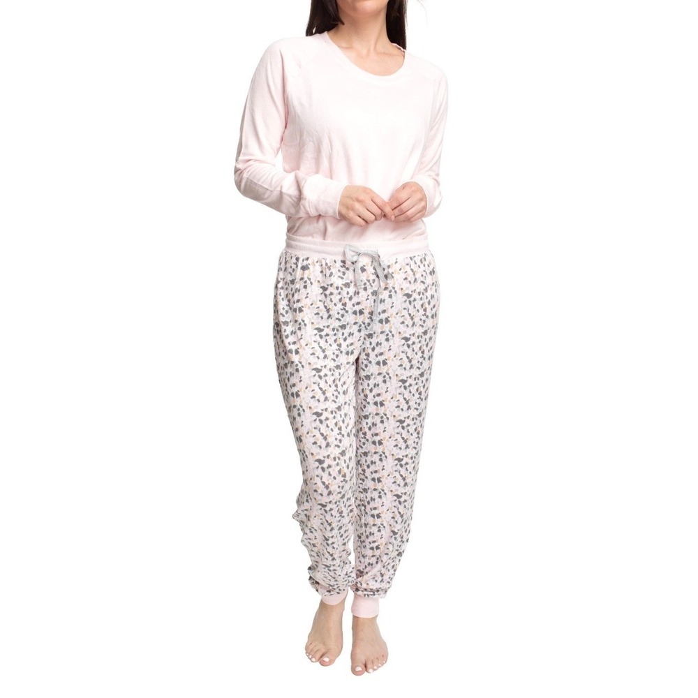 Muk Luks Ski Lodge Marshmallow Knit French Terry Pajamas, Pink Wild Animal,Small